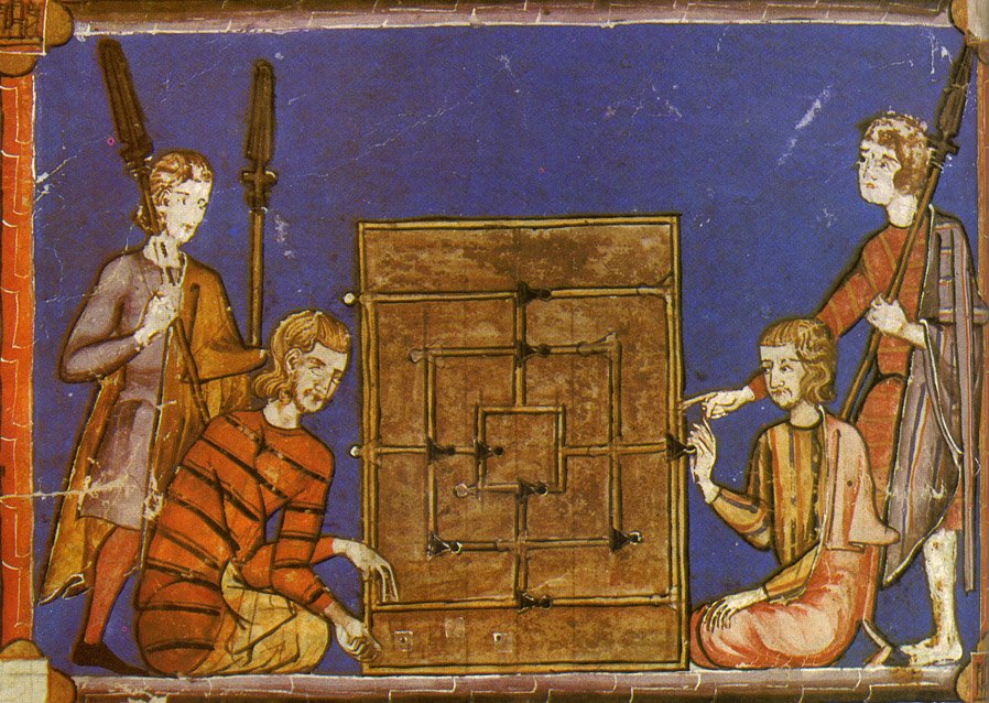 Old painting of Nine Men's Morris being played